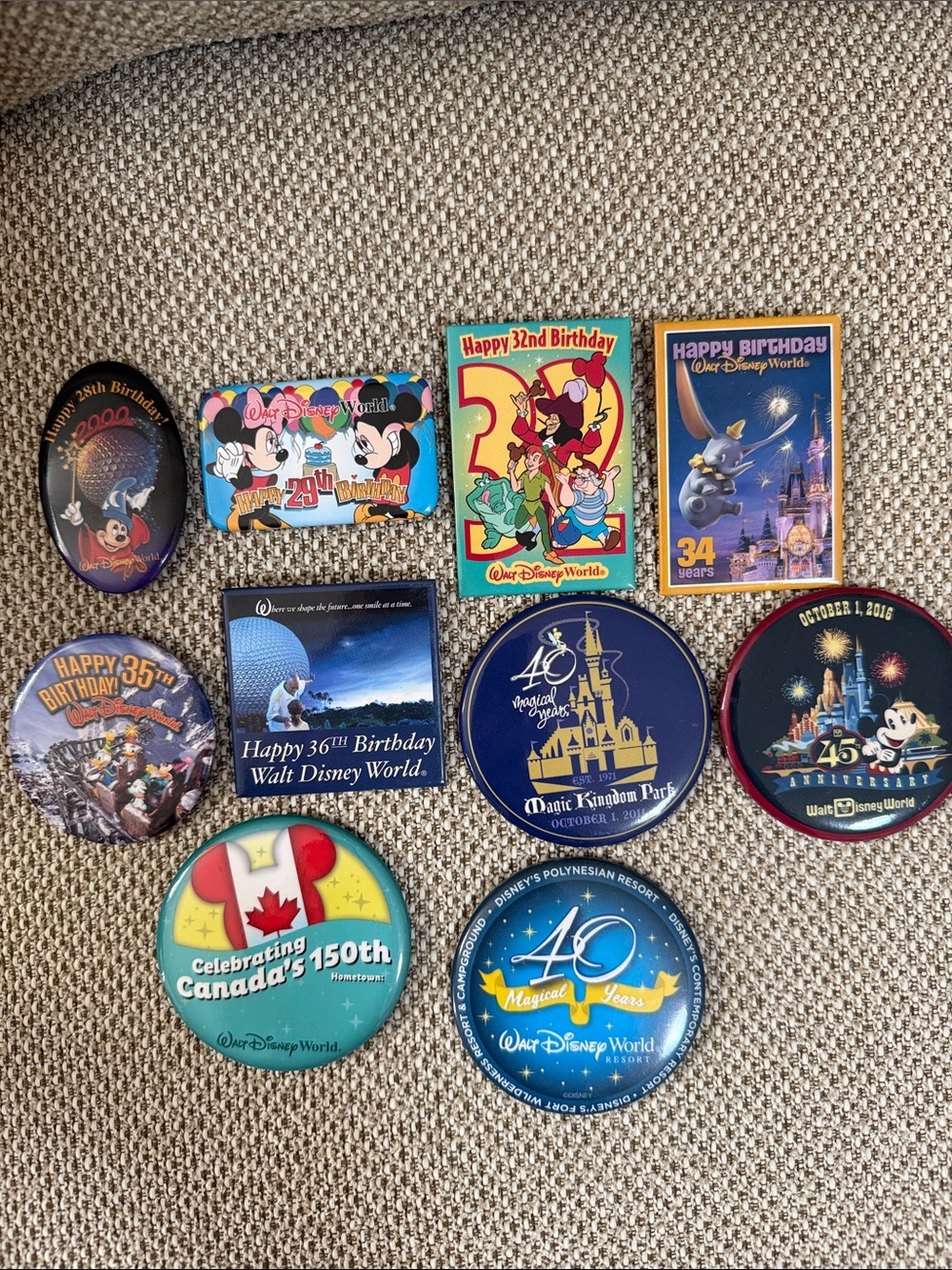 Disney Magic Kingdom Anniversary Buttons + Canada & Polynesian Resort Buttons